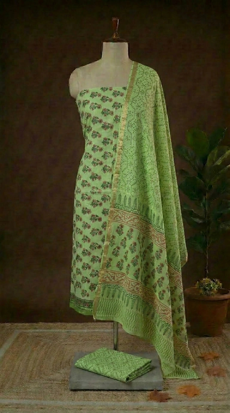 Pista Green Chanderi Dress Material