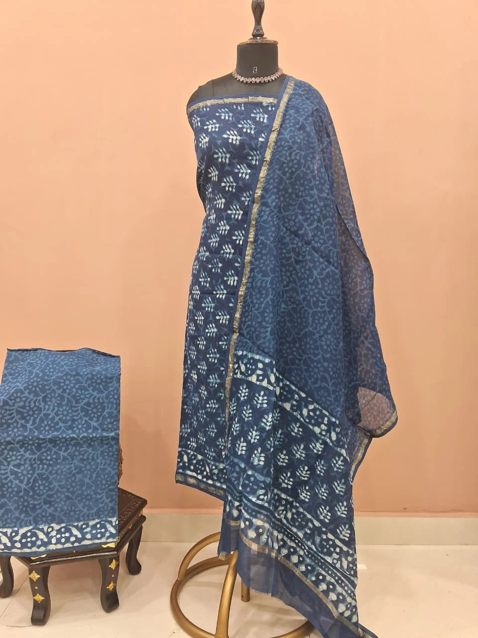 Deep Navy Blue Chanderi Dress Material 