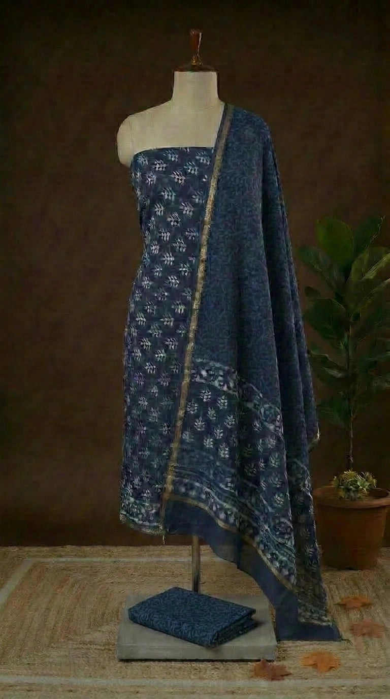 Deep Navy Blue Chanderi Dress Material