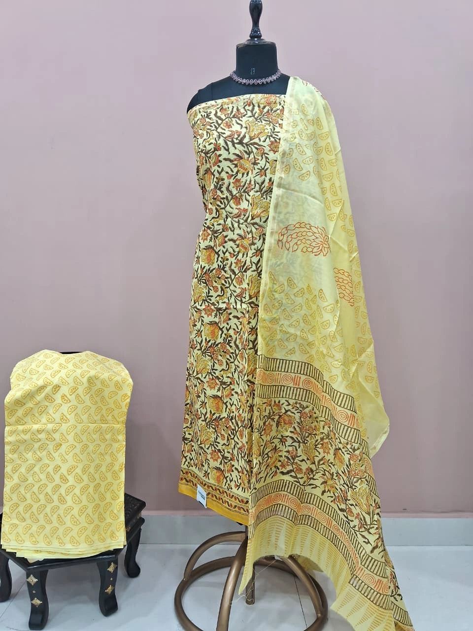 Lemon Yellow Chanderi Dress Material