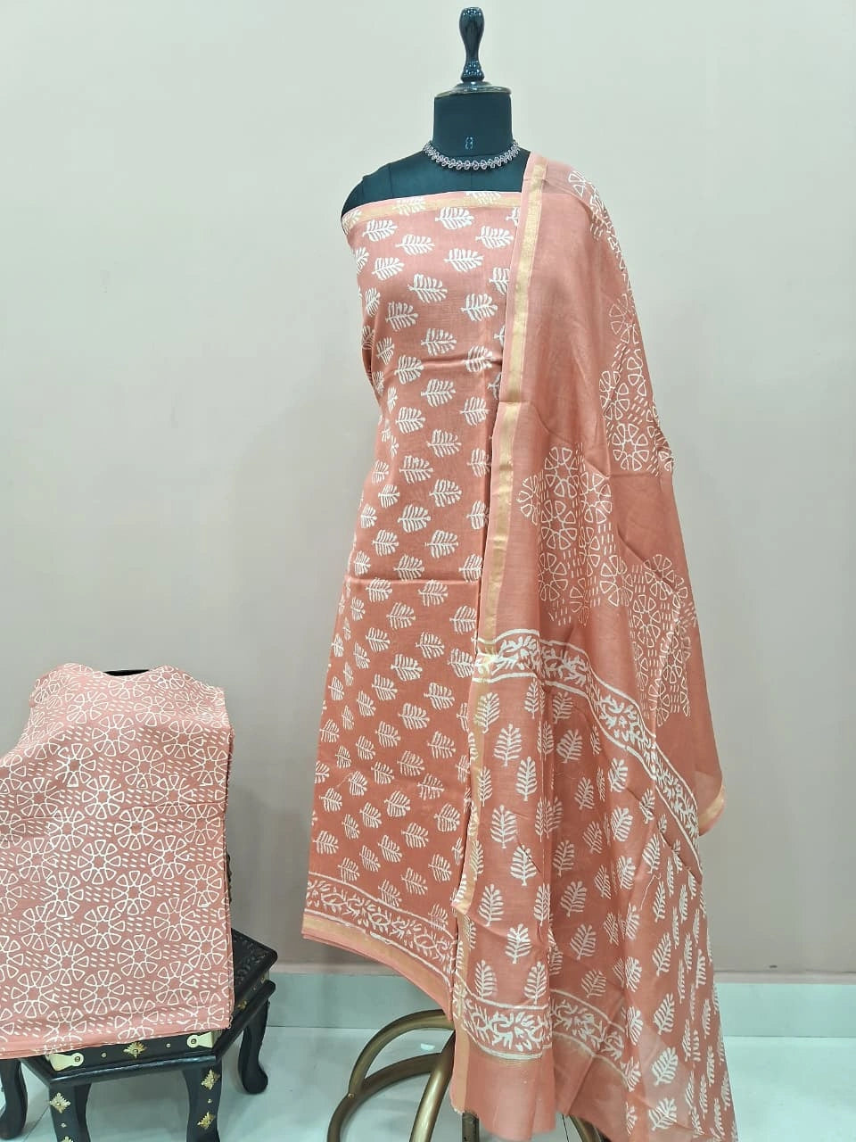 Peach Chanderi Dress Material 
