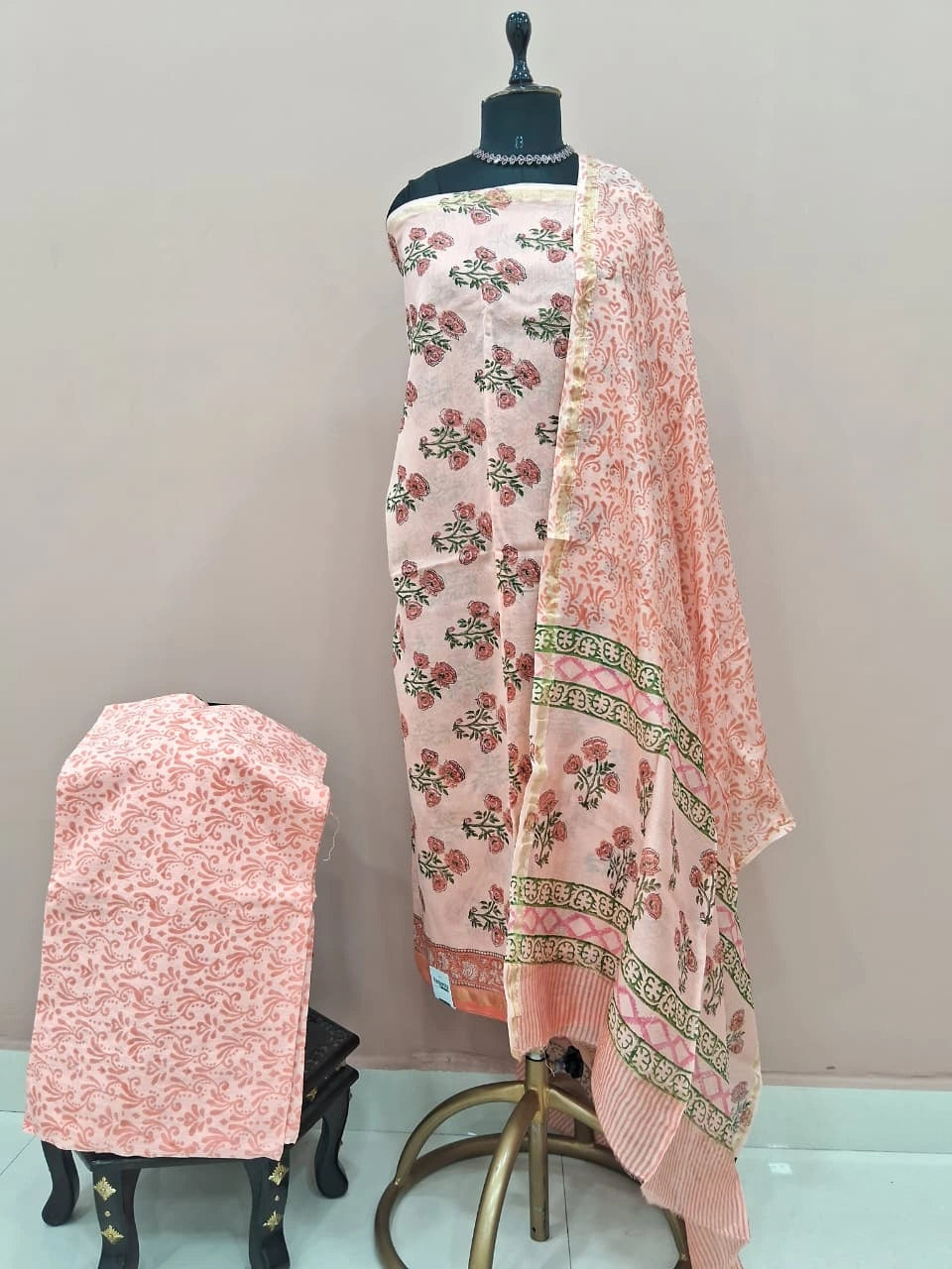 Light Peach Chanderi Dress Material 
