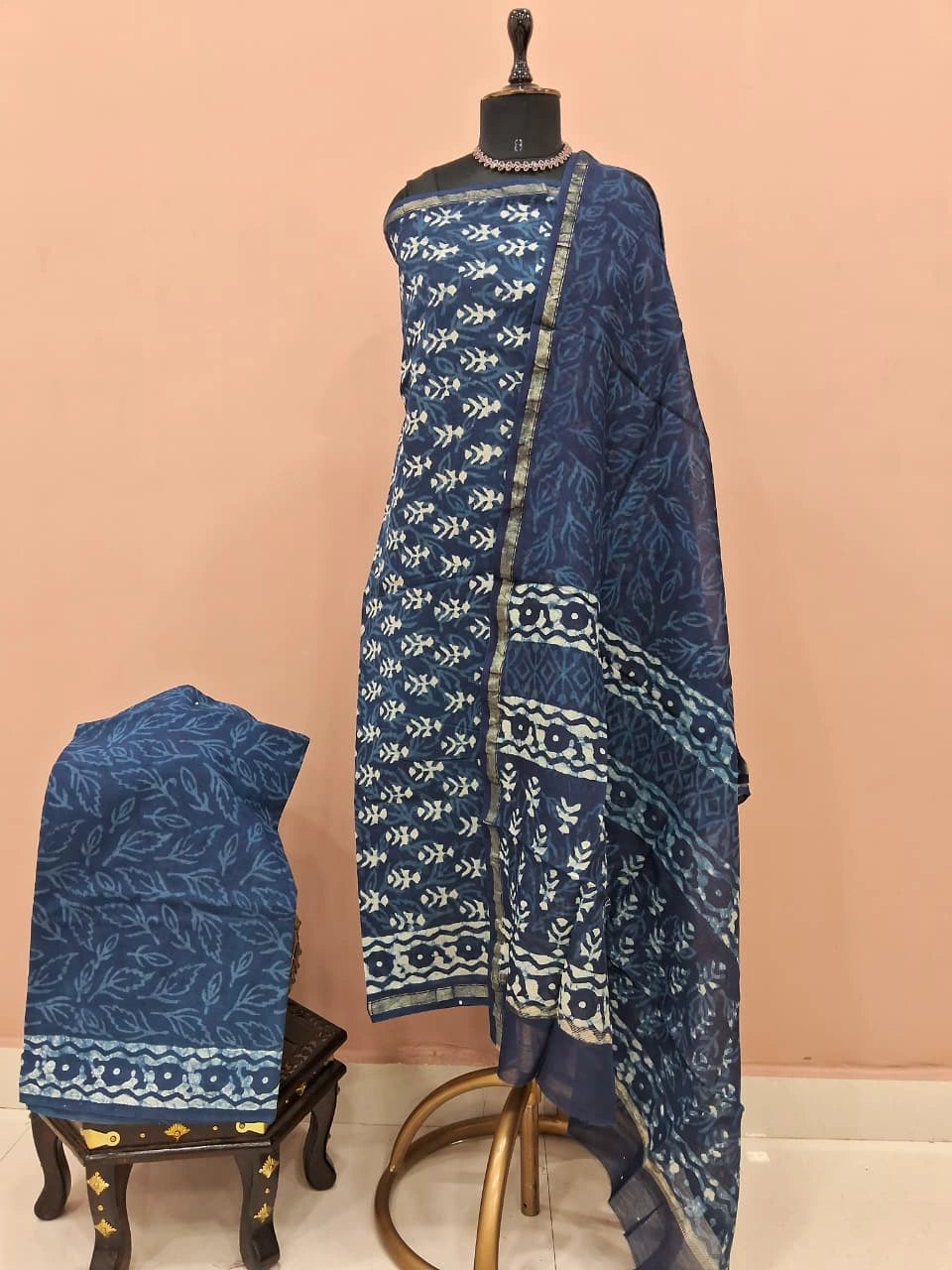 Dark Navy Blue Chanderi Dress Material 