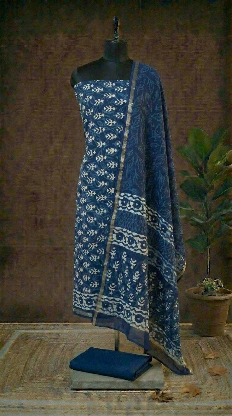 Dark Navy Blue Chanderi Dress Material