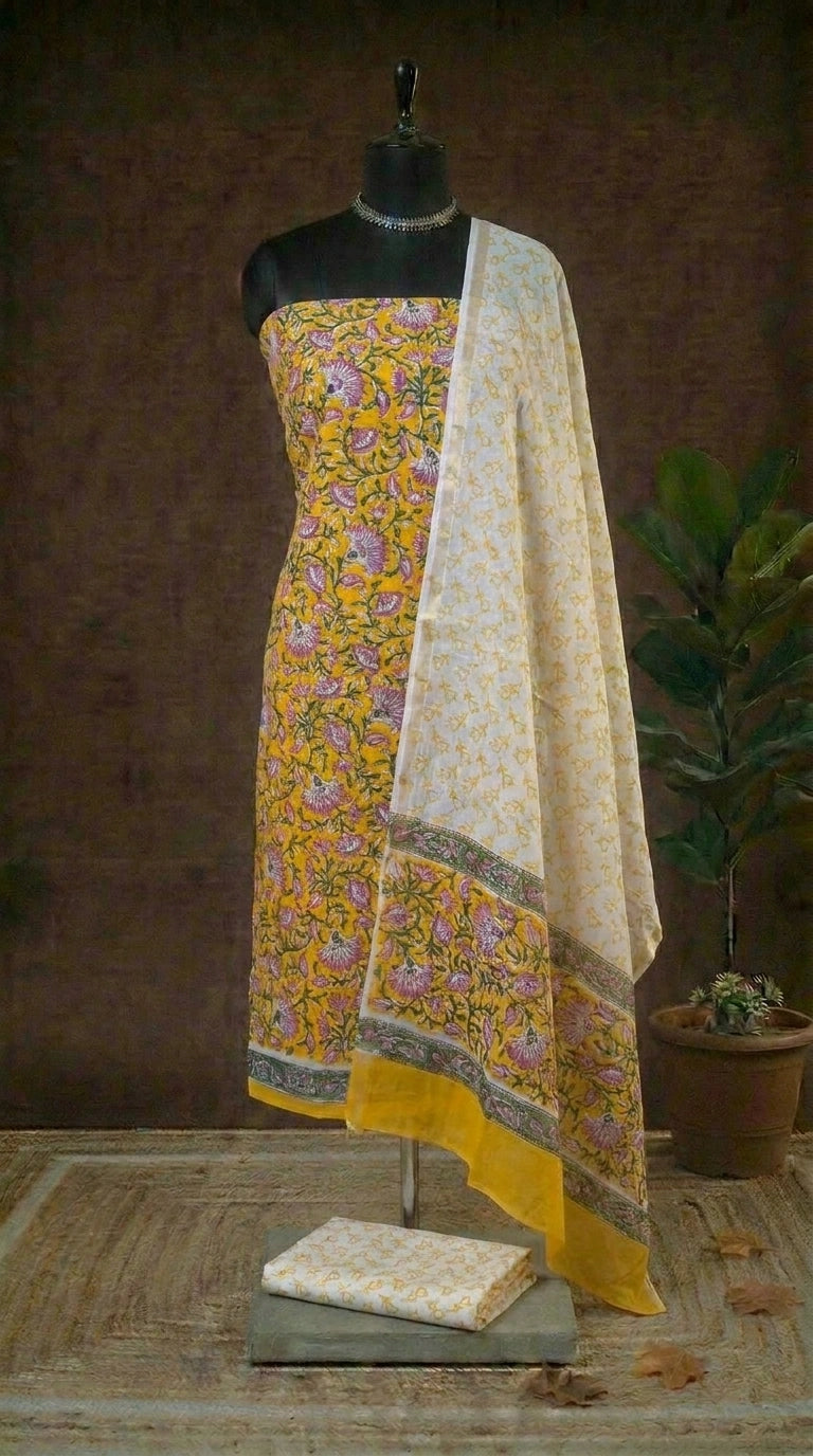Bright Yellow Chanderi Dress Material