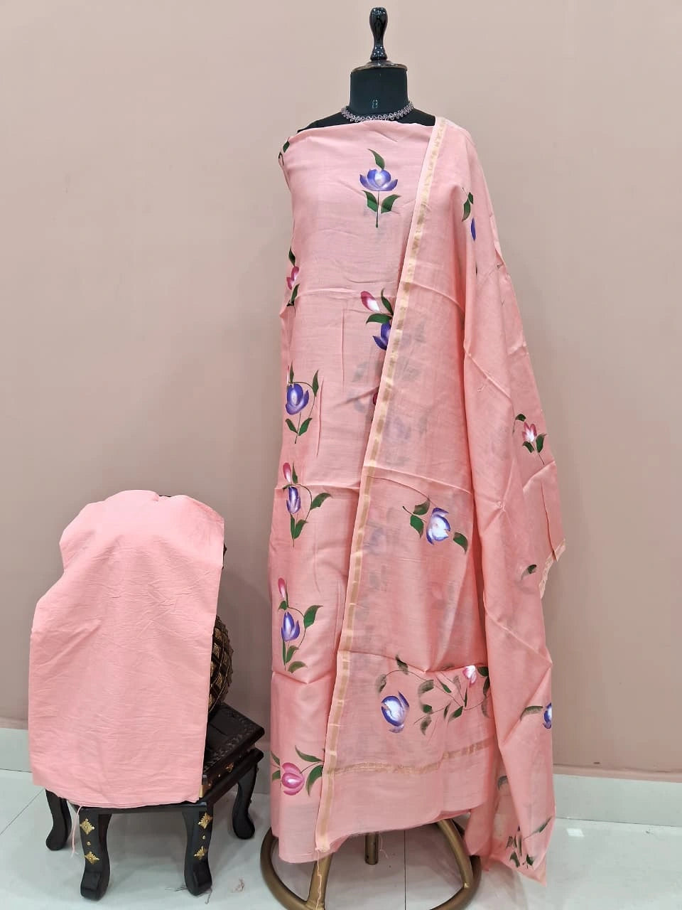 Peach Chanderi Dress Material 