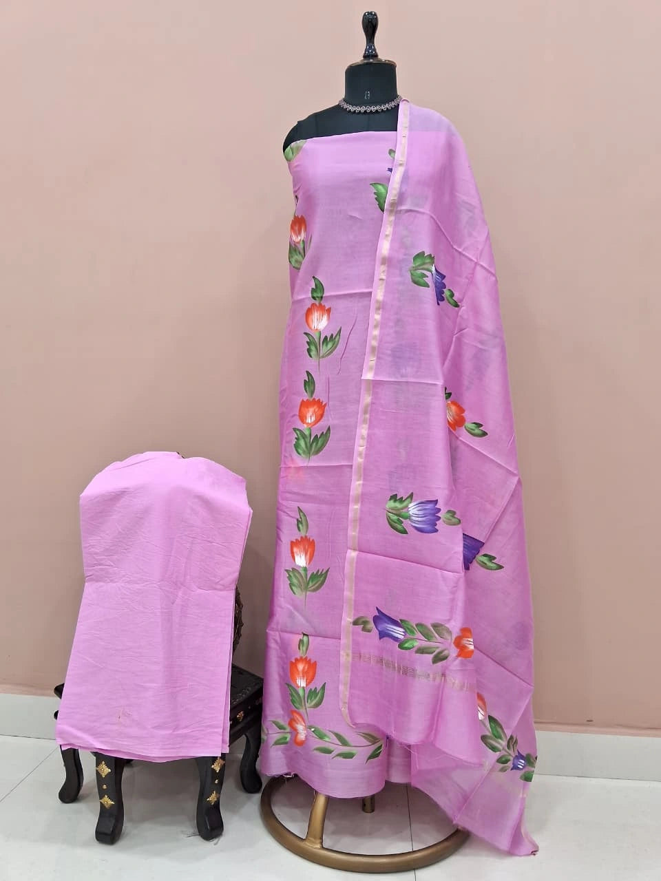Rose Pink Chanderi Dress Material 