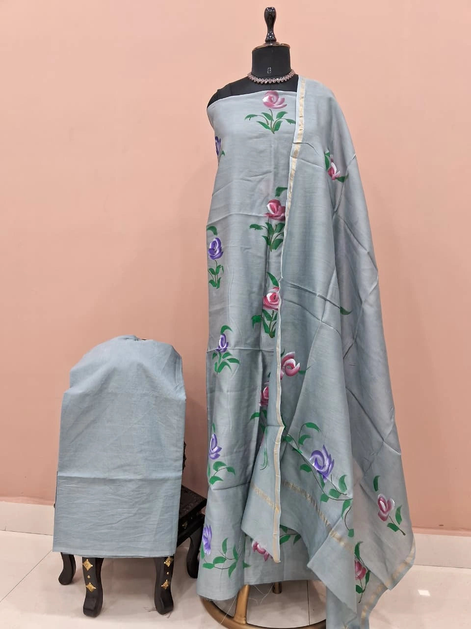 Pastel Grey Chanderi Dress Material 