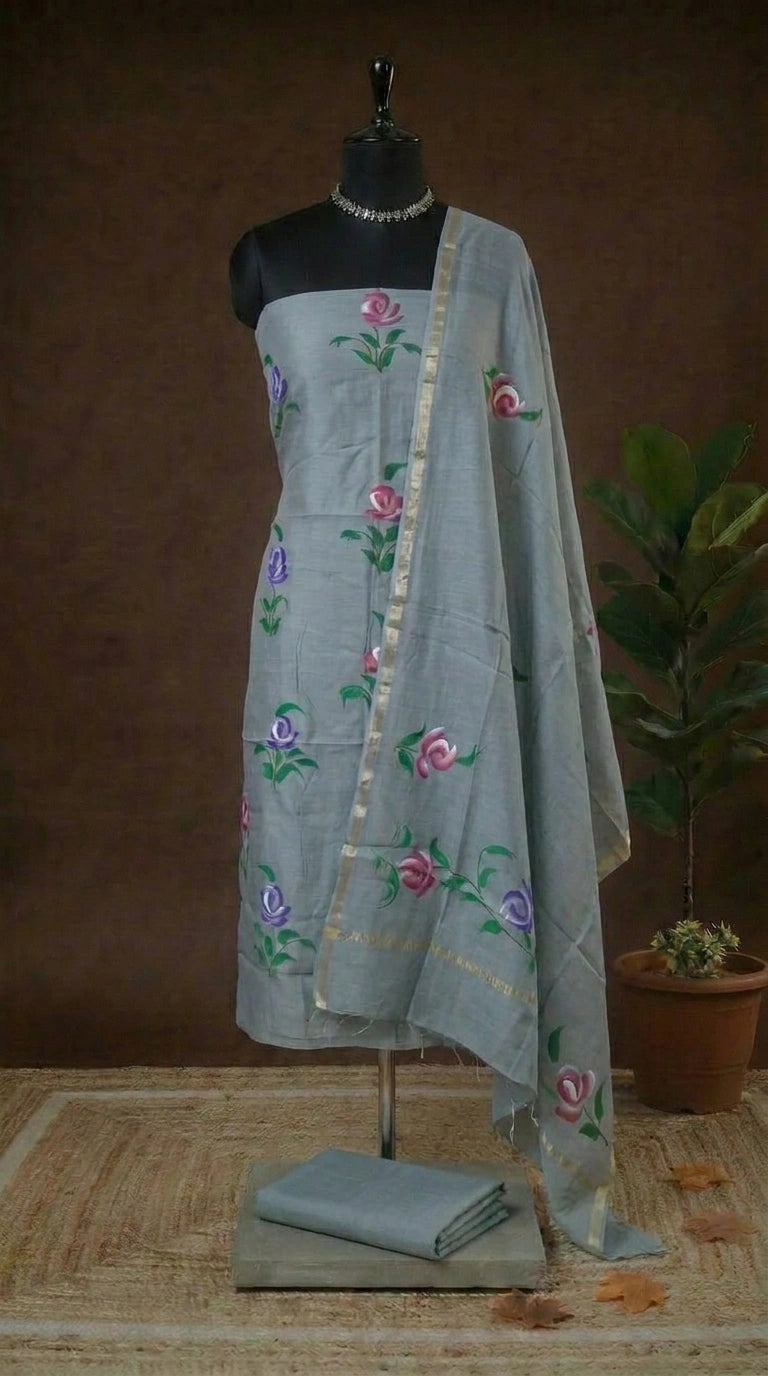 Pastel Grey Chanderi Dress Material