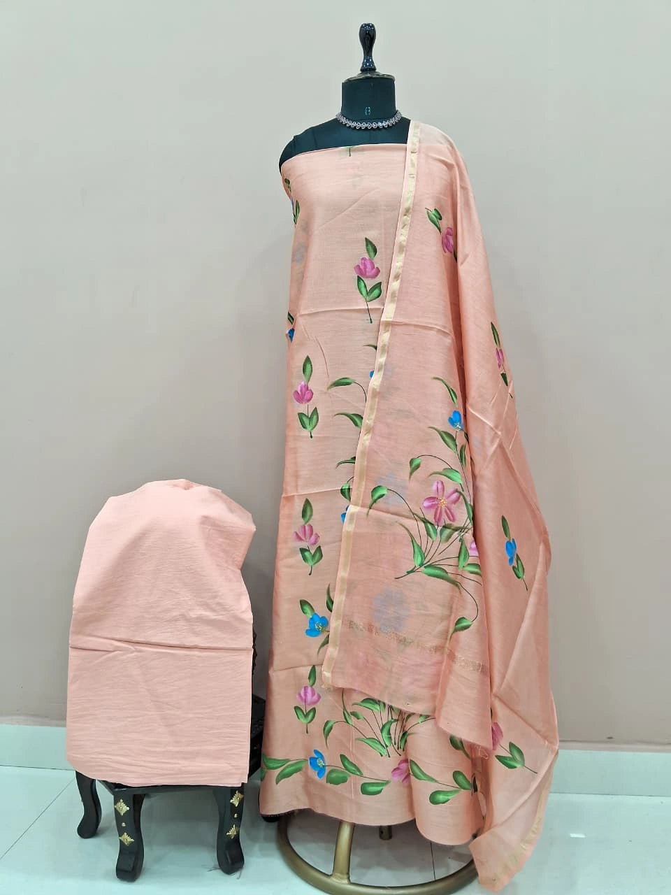 Pastel Orange Chanderi Dress Material
