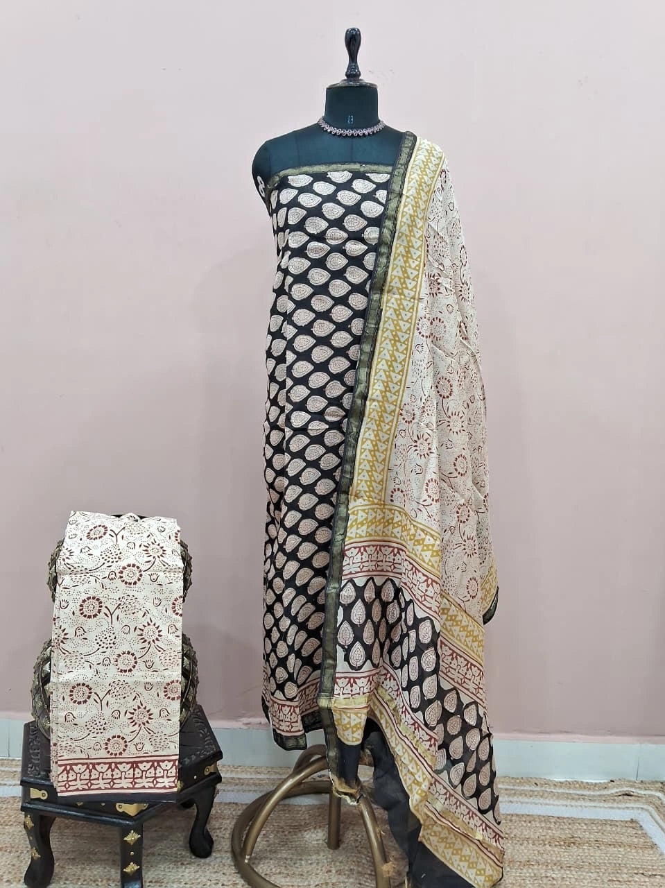 Black Chanderi Dress Material 