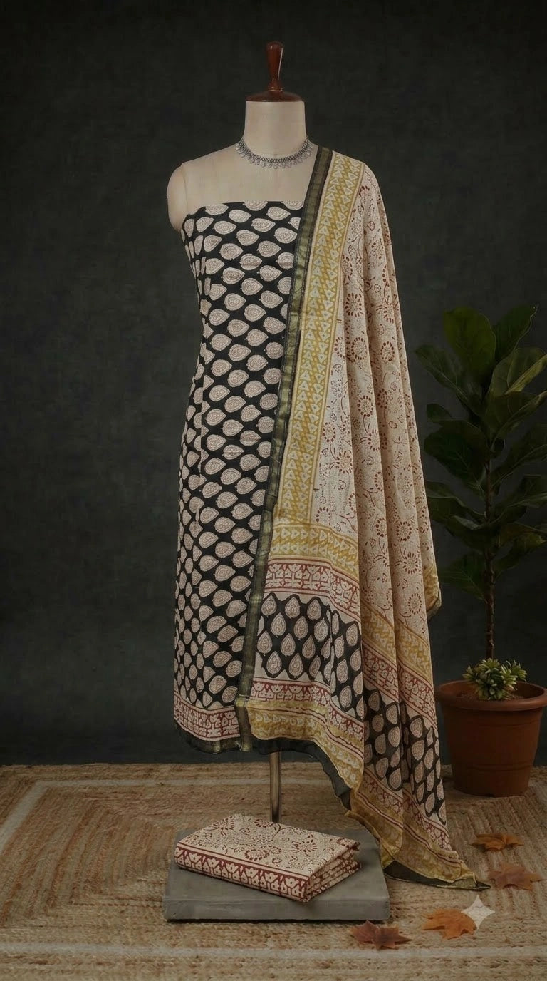 Black Chanderi Dress Material 