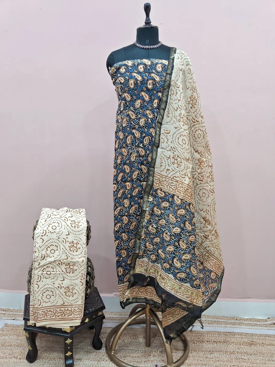 Blue and Black Chanderi Dress Material