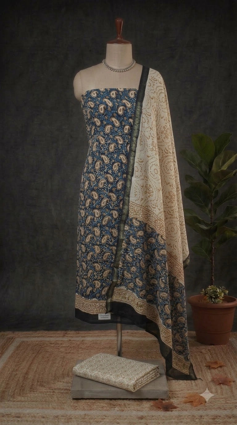 Blue and Black Chanderi Dress Material