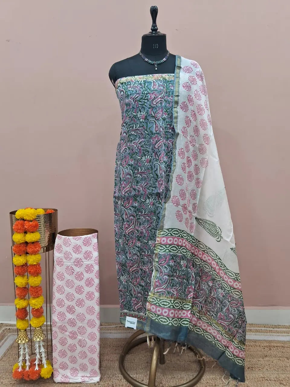 Elephant Grey Chanderi Dress Material 