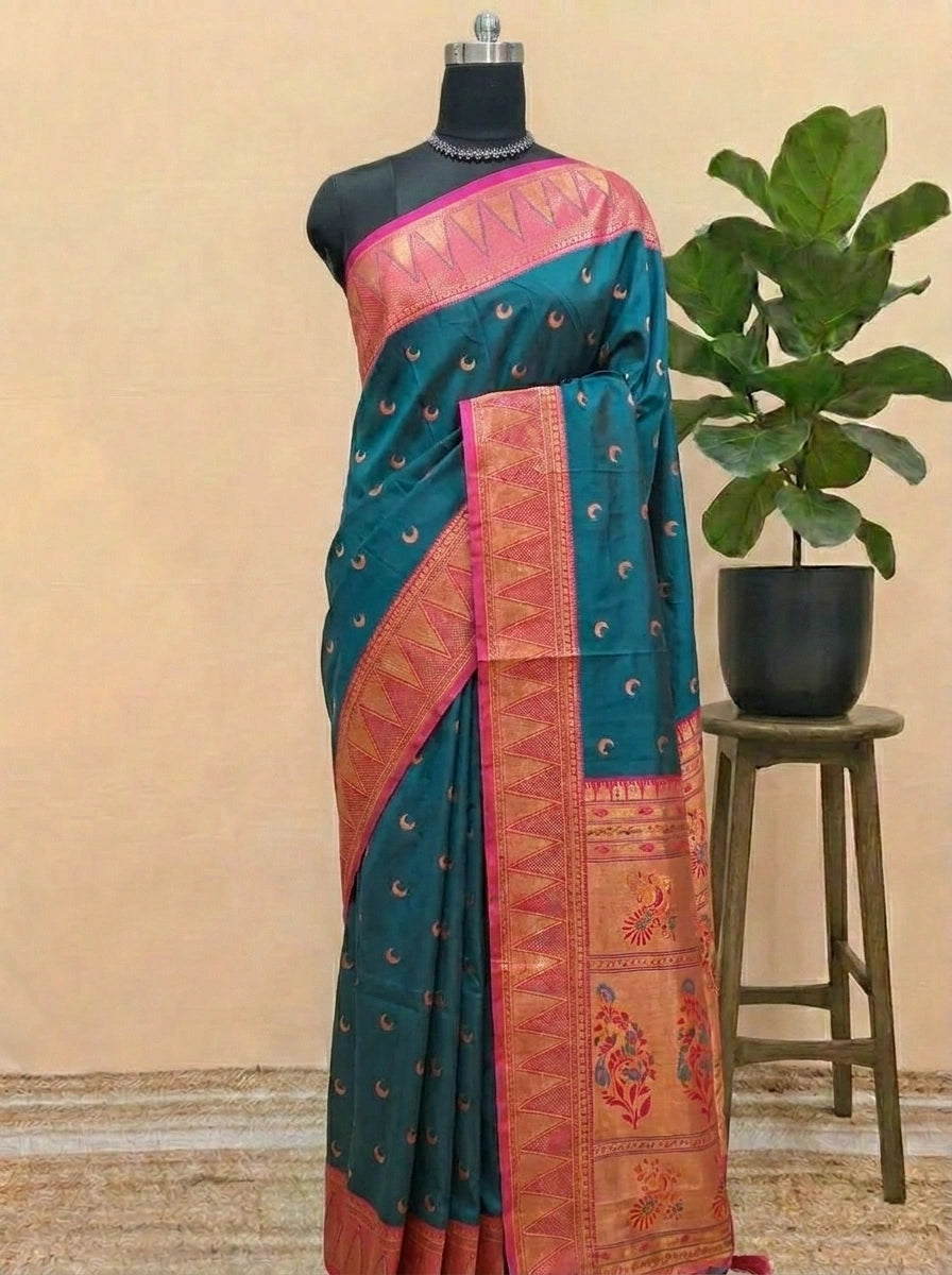 Dark Teal Blue Soft Silk Saree