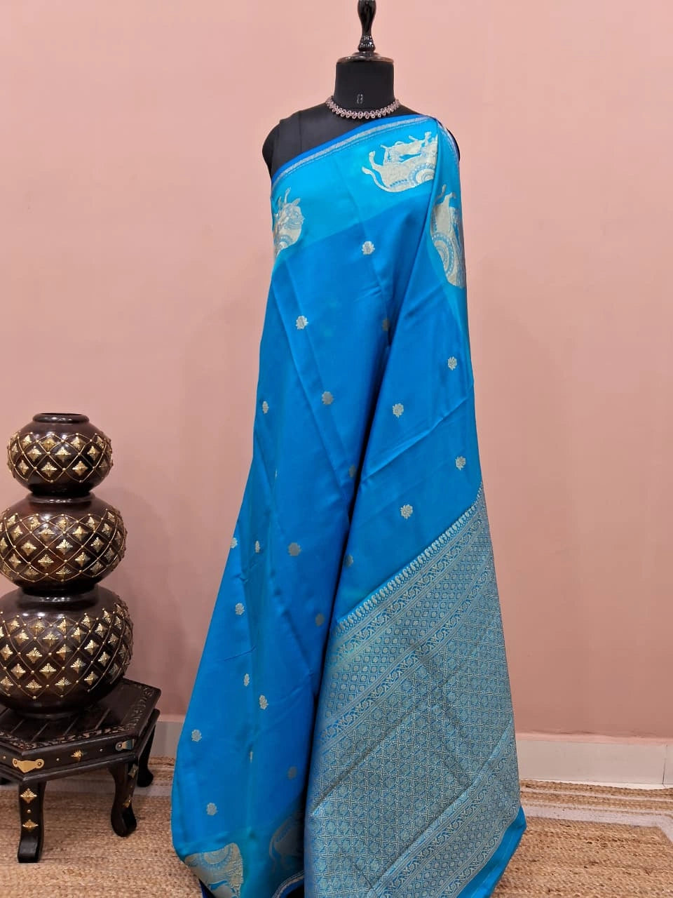 Caribbean blue soft silk saree 