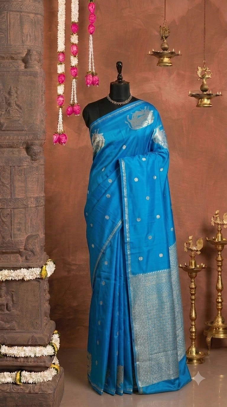 Caribbean blue soft silk saree 