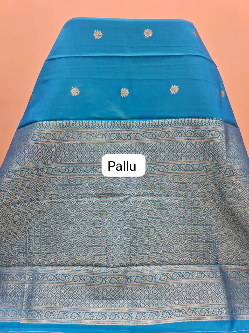 Caribbean blue soft silk saree pallu