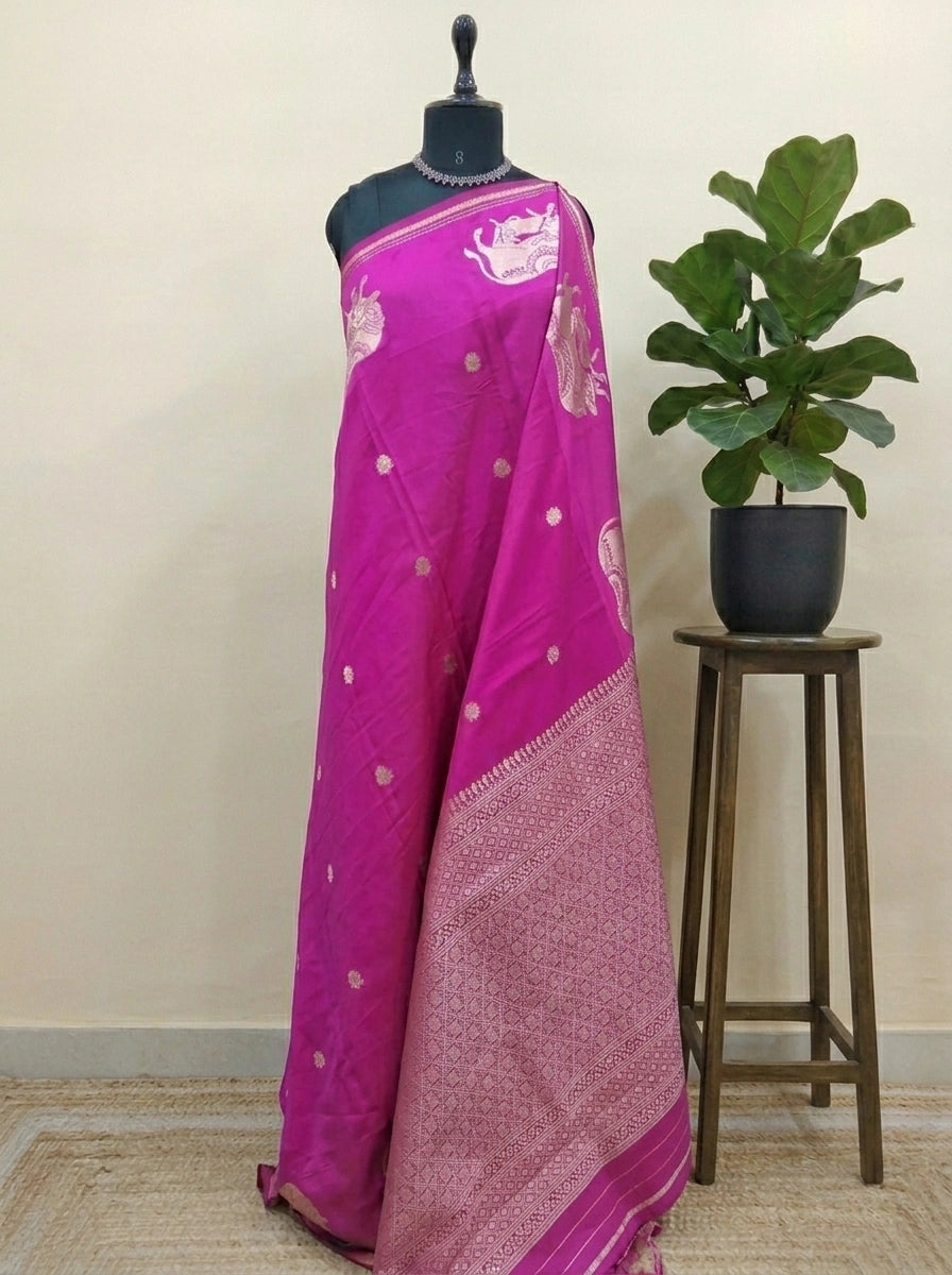 Pure Rani pink soft silk saree