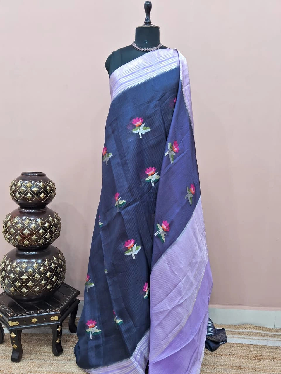 Navy blue pure silk Kota saree