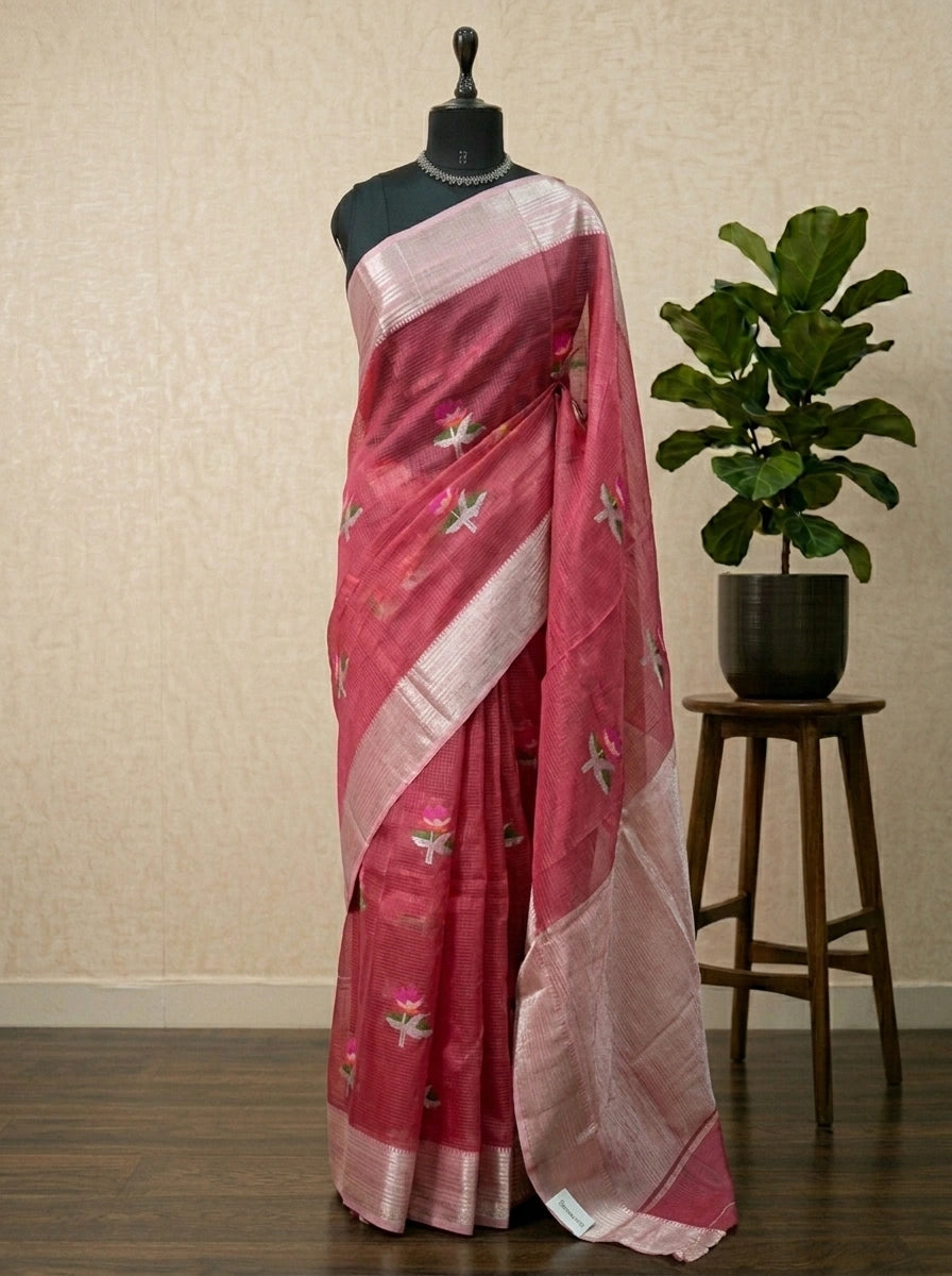 Reddish pink pure silk Kota saree 