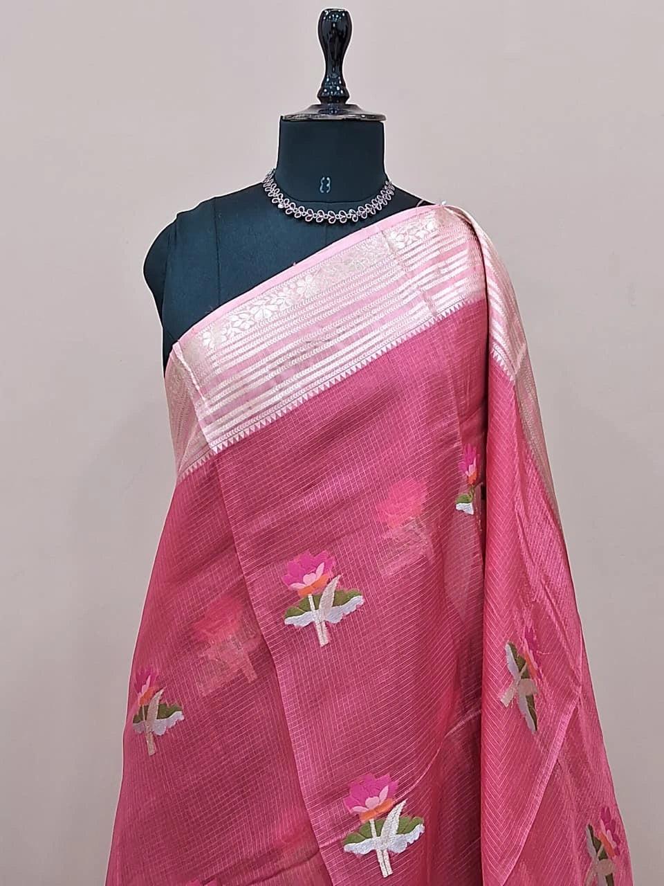 Reddish pink pure silk Kota saree 1