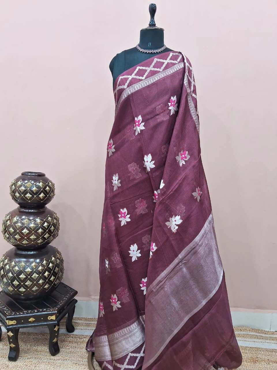 Chocolate brown pure silk Kota saree 