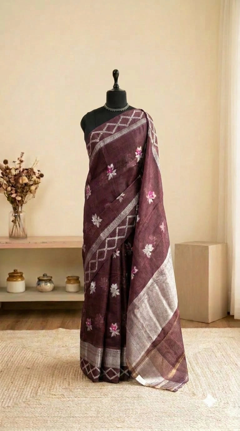 Chocolate brown pure silk Kota saree 