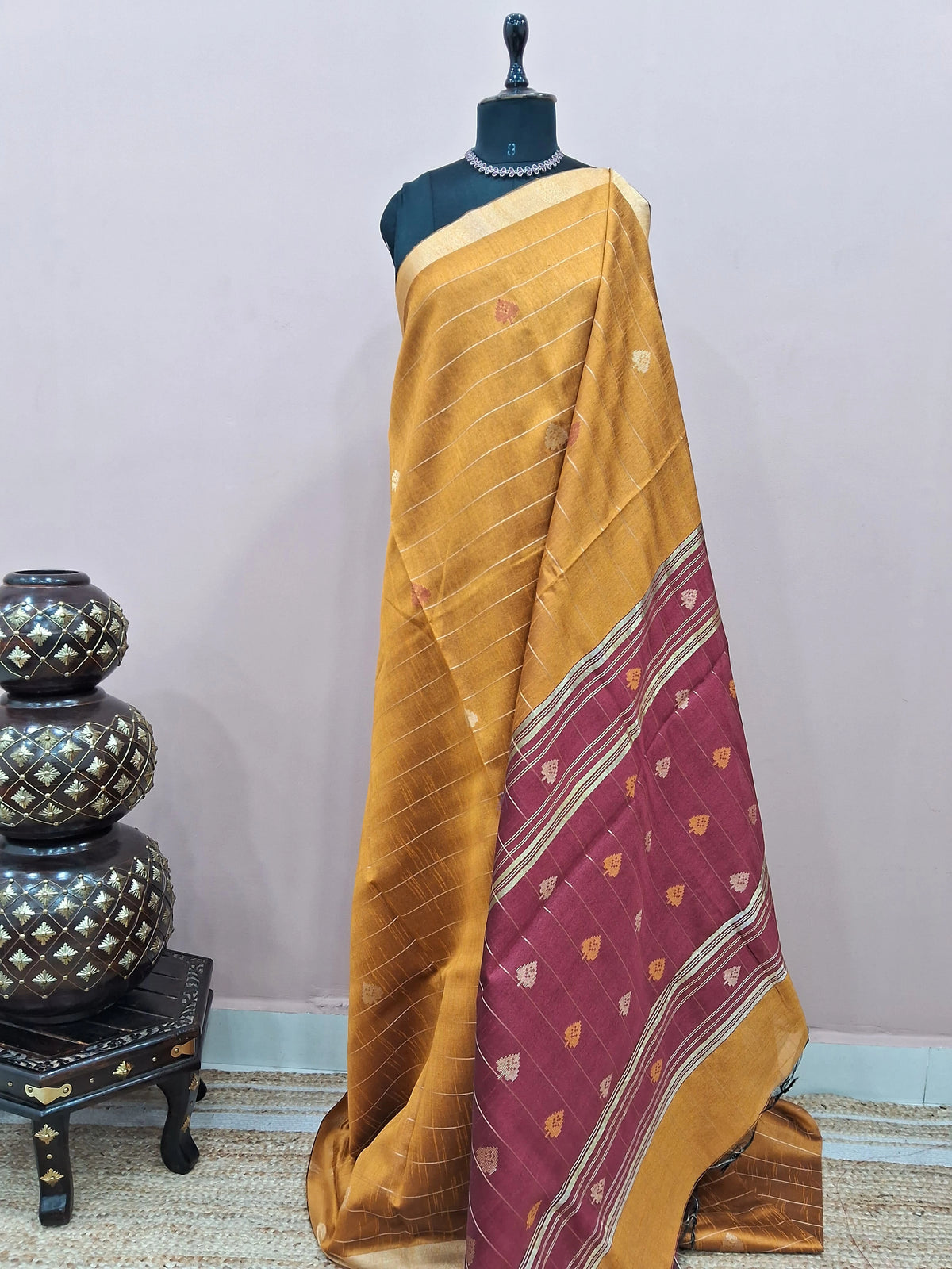 Mustard yellow Khadi semi-pattu saree