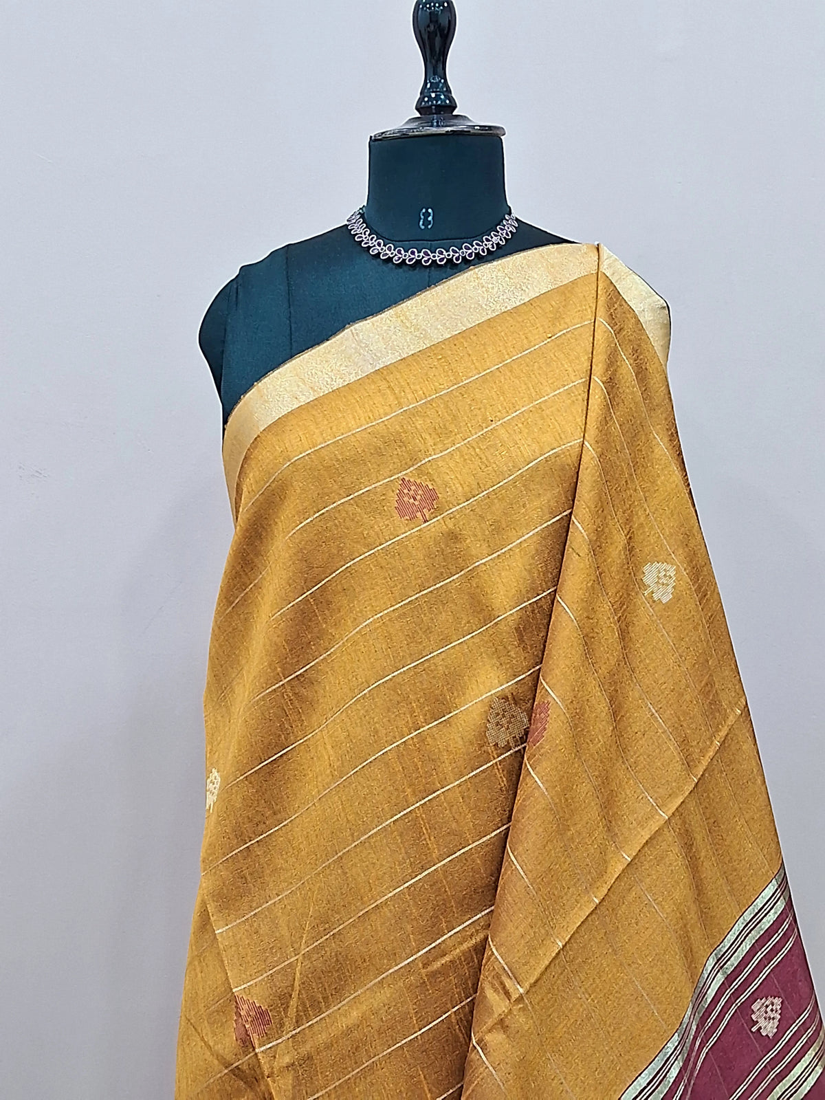 Mustard yellow Khadi semi pattu saree 1