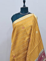 Mustard yellow Khadi semi pattu saree 1