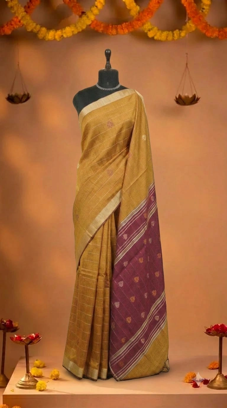 Mustard yellow Khadi semi pattu saree