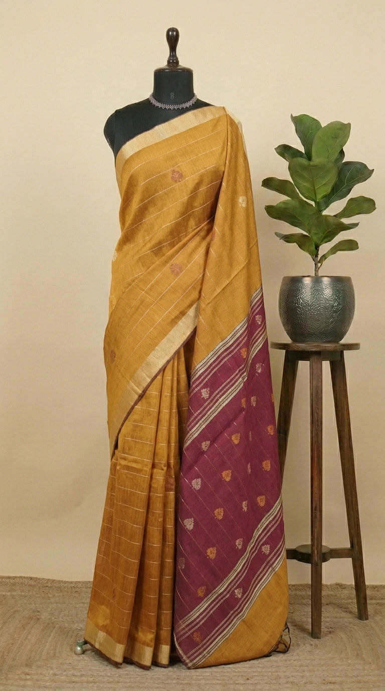 Mustard yellow Khadi semi pattu saree
