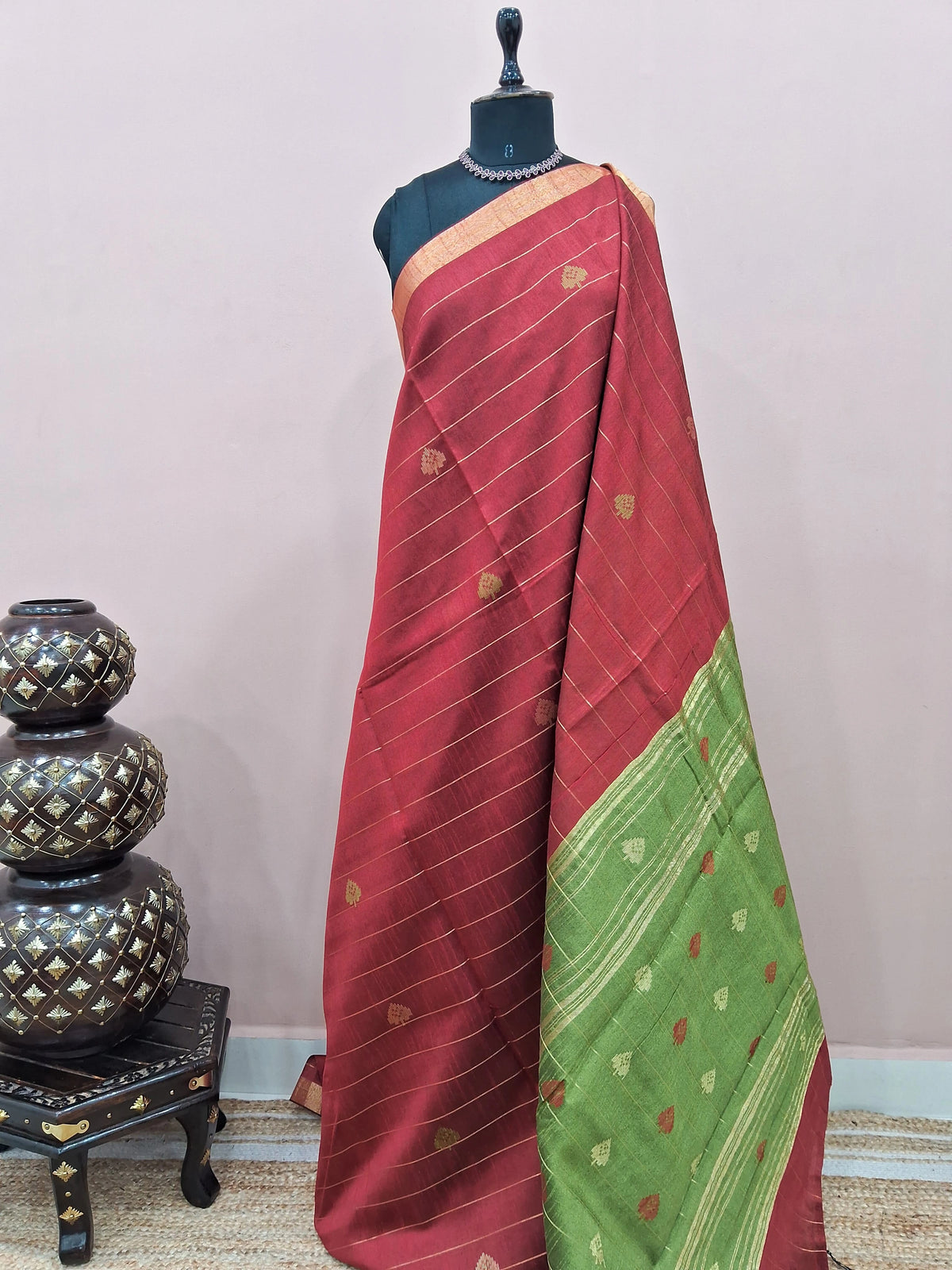 Wine red Khadi semi pattu saree 