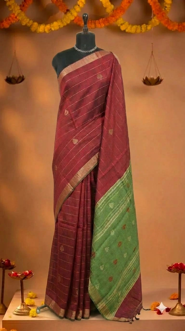 Wine red Khadi semi pattu saree 