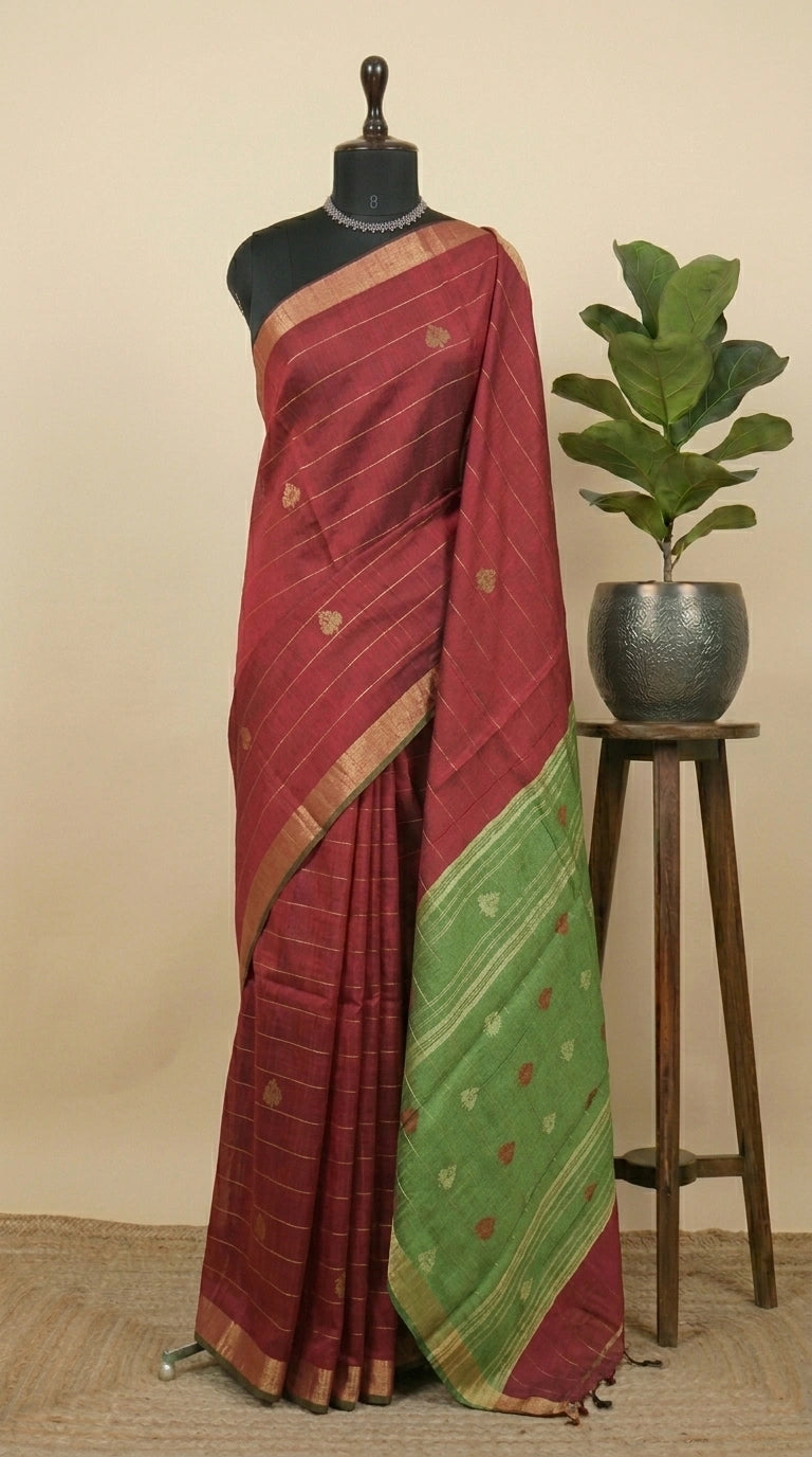 Wine red Khadi semi pattu saree