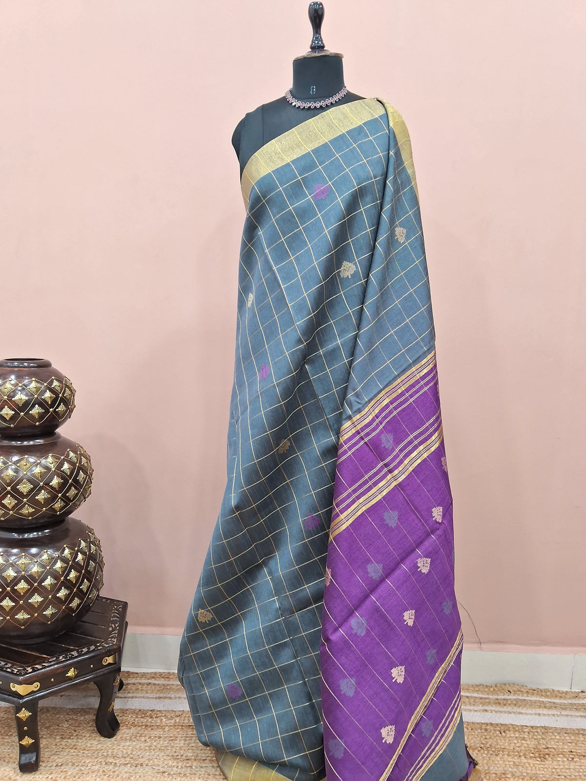 Elephant grey Khadi semi pattu saree