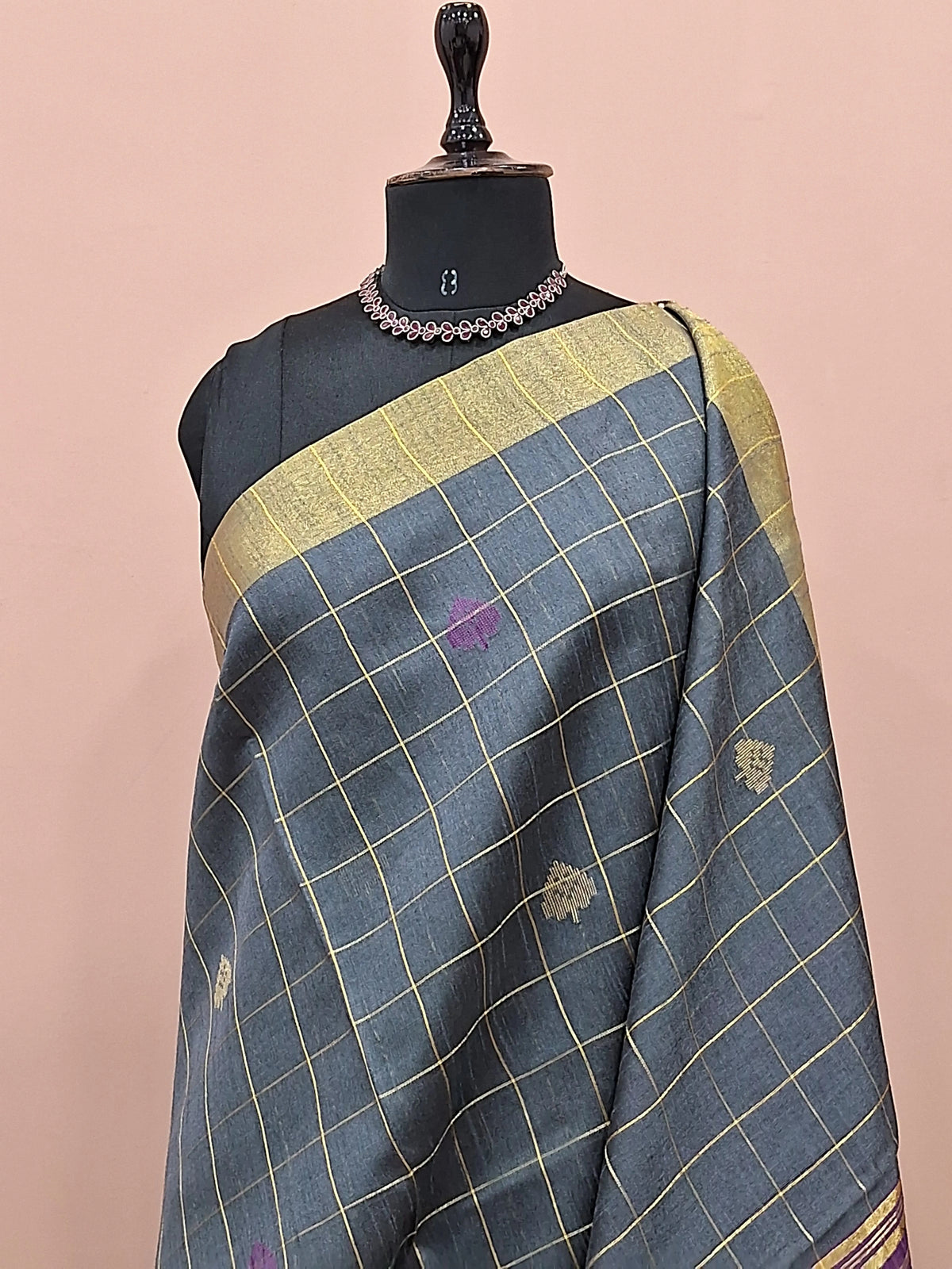 Elephant grey Khadi semi pattu saree 1