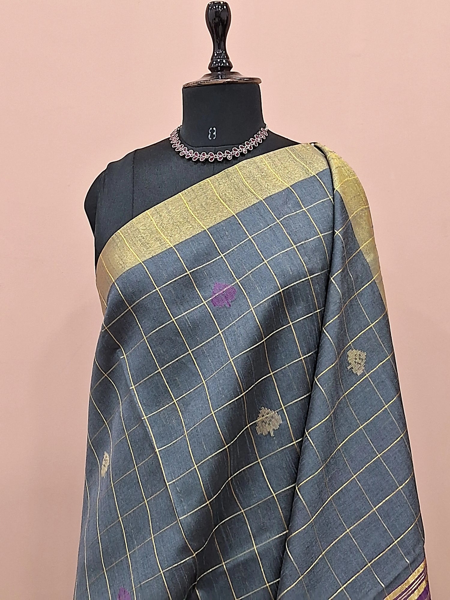 Elephant grey Khadi semi pattu saree 1