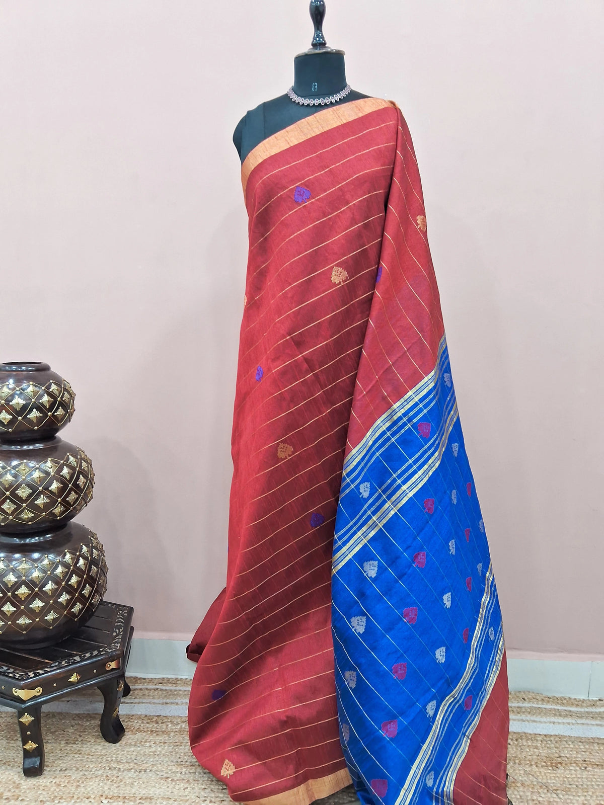 Rust red Khadi semi pattu saree