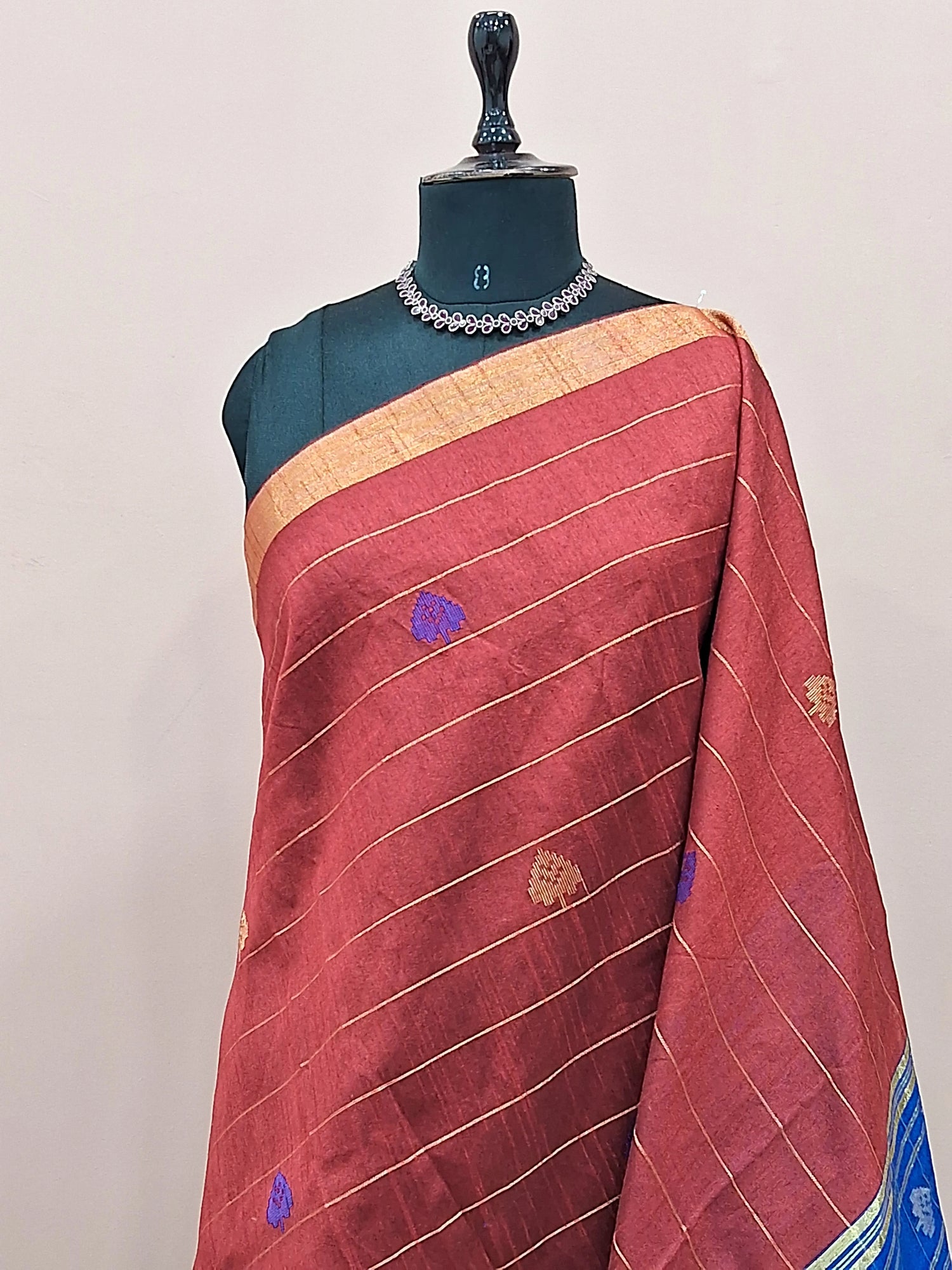 Rust red Khadi semi pattu saree 1