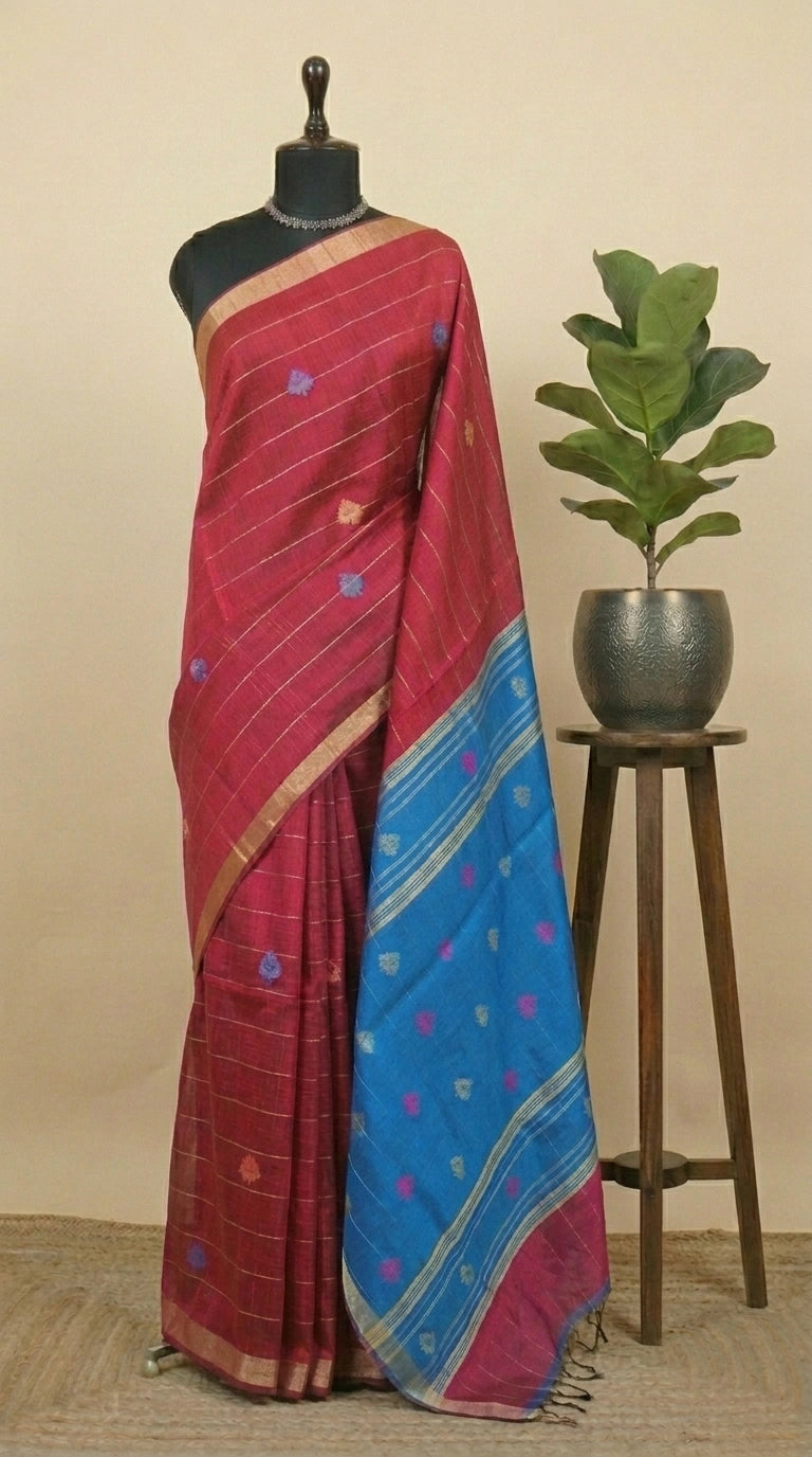 Rust red Khadi semi pattu saree