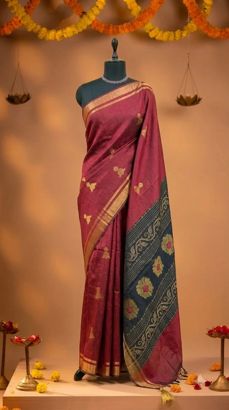 Brick red Khadi semi pattu saree