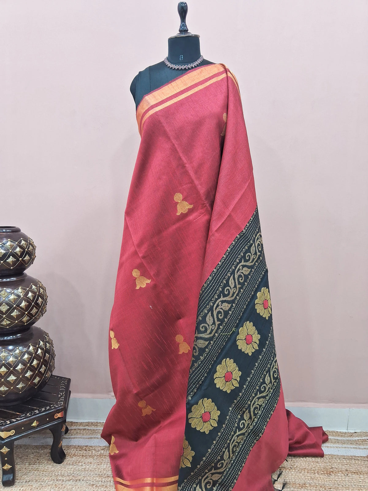 Brick red Khadi semi pattu saree