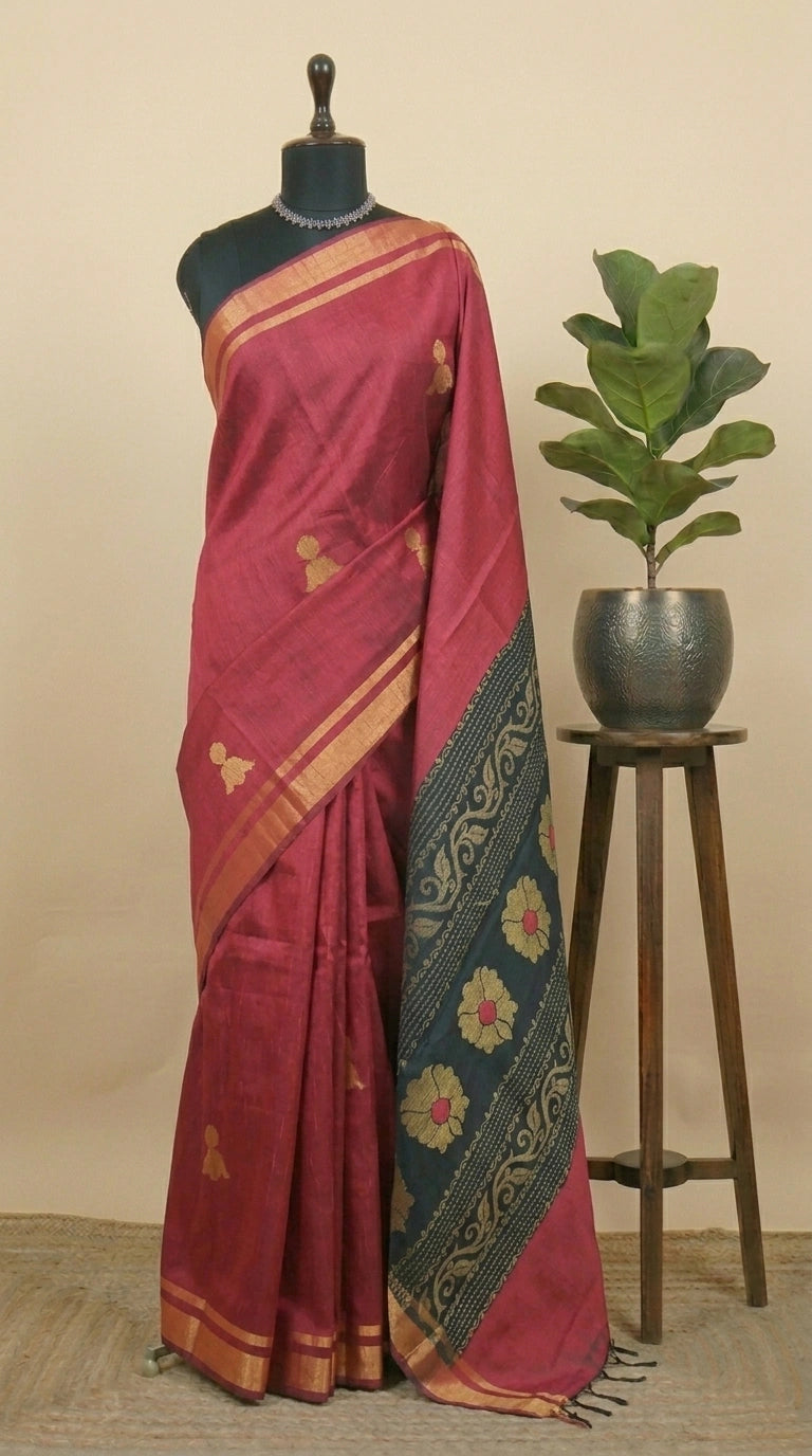 Brick red Khadi semi pattu saree