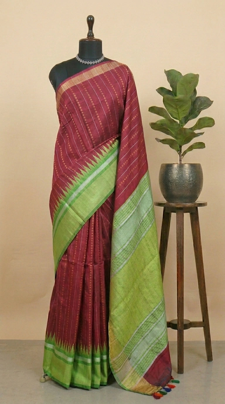 Deep maroon Khadi semi pattu saree