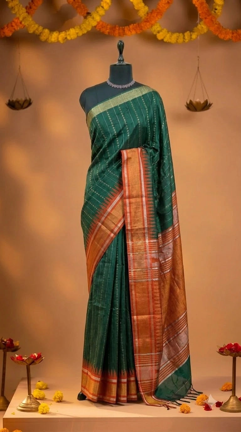 Bottle green Khadi semi pattu saree