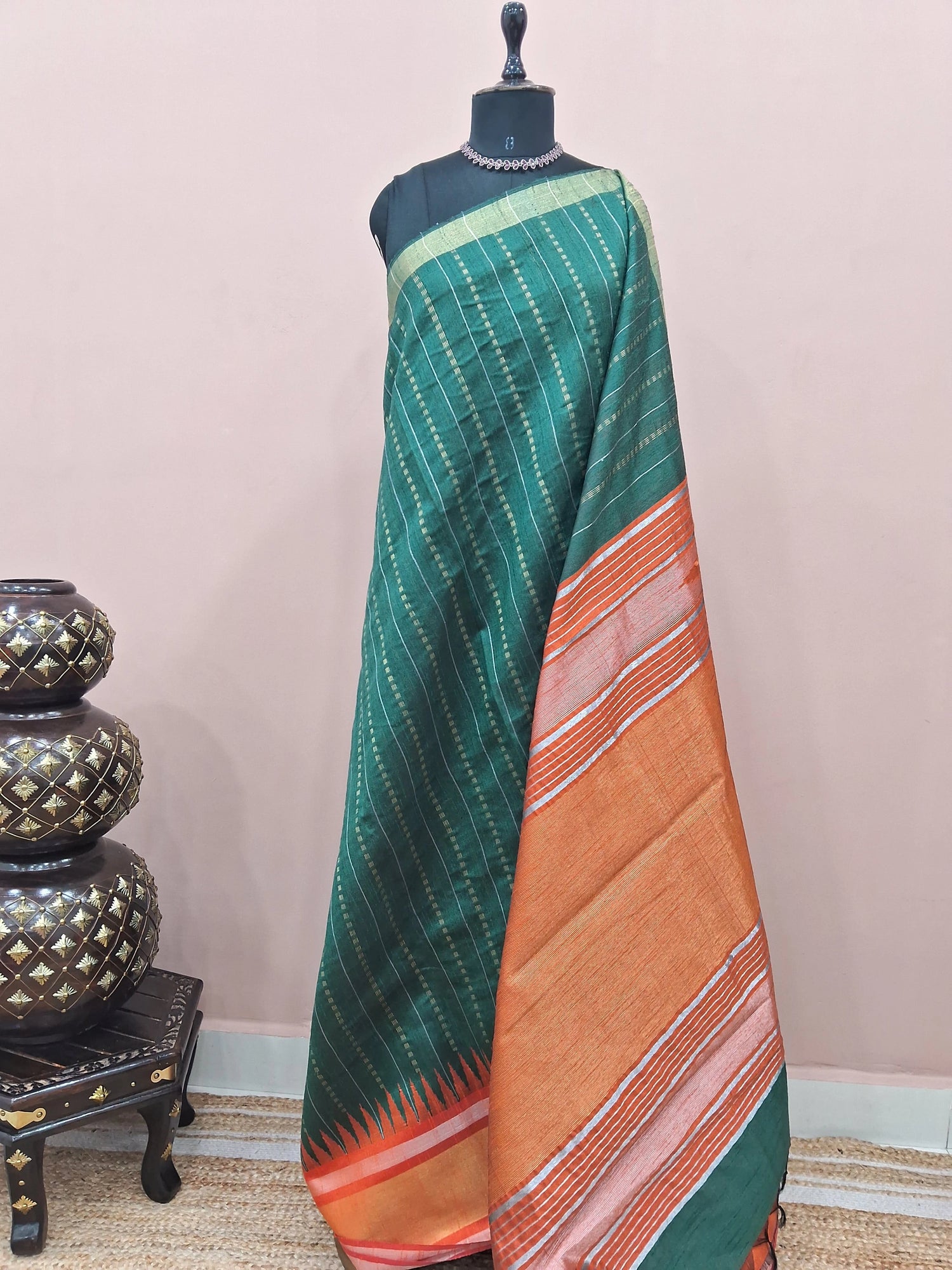 Bottle green Khadi semi pattu saree