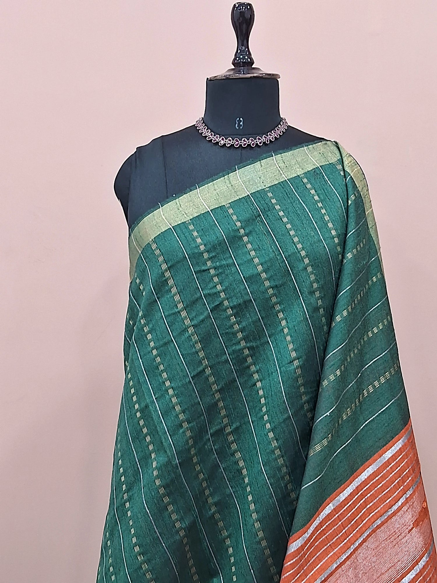 Bottle green Khadi semi pattu saree 1